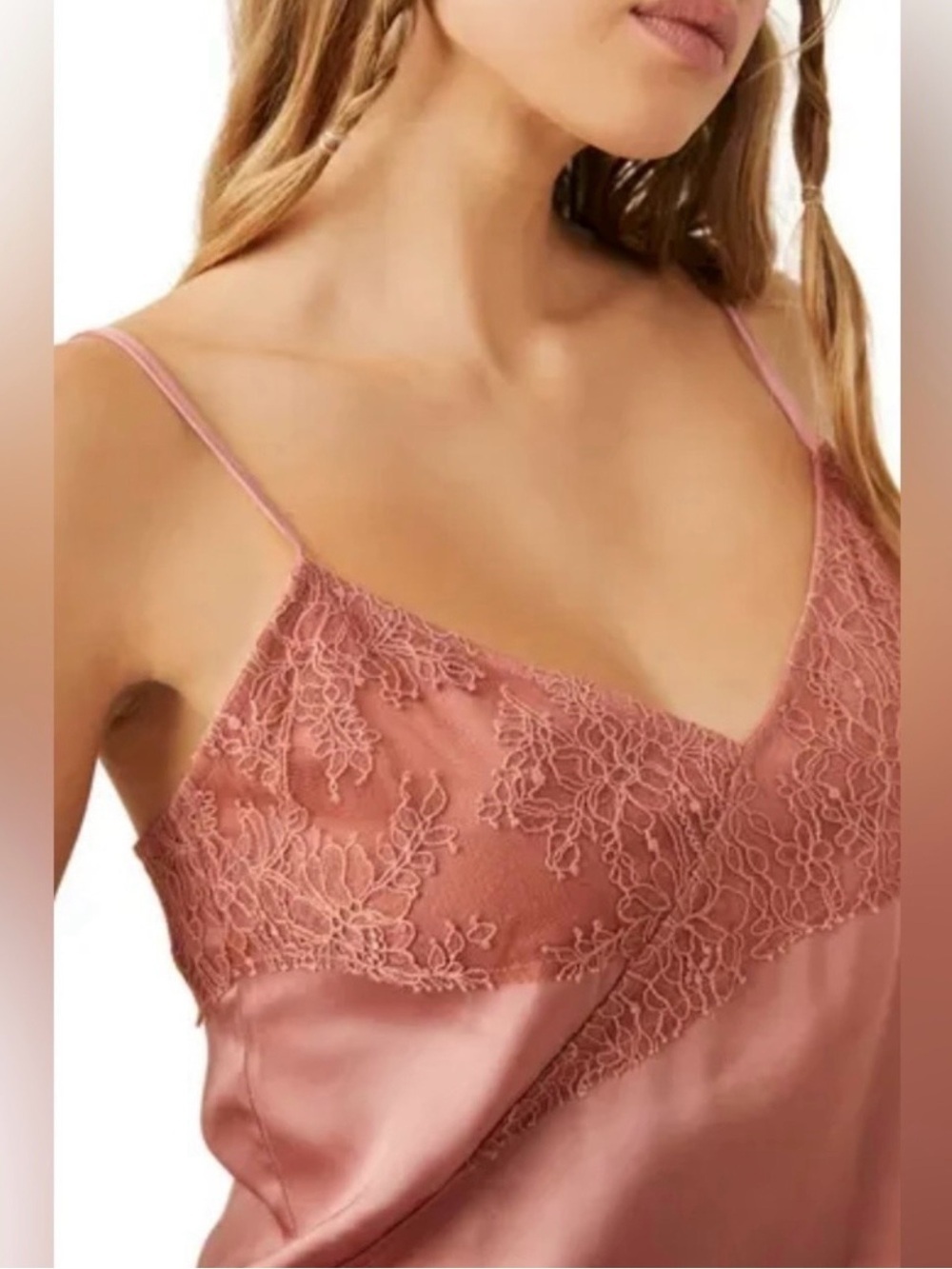 Free People Intimately V-Neck Lace Mesh Satin Camisole Rose Large Coquette NWT